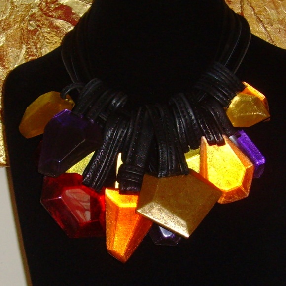 MONIES Leather and Multi-Colored Lucite Stone Statement Necklace - Picture 2 of 16